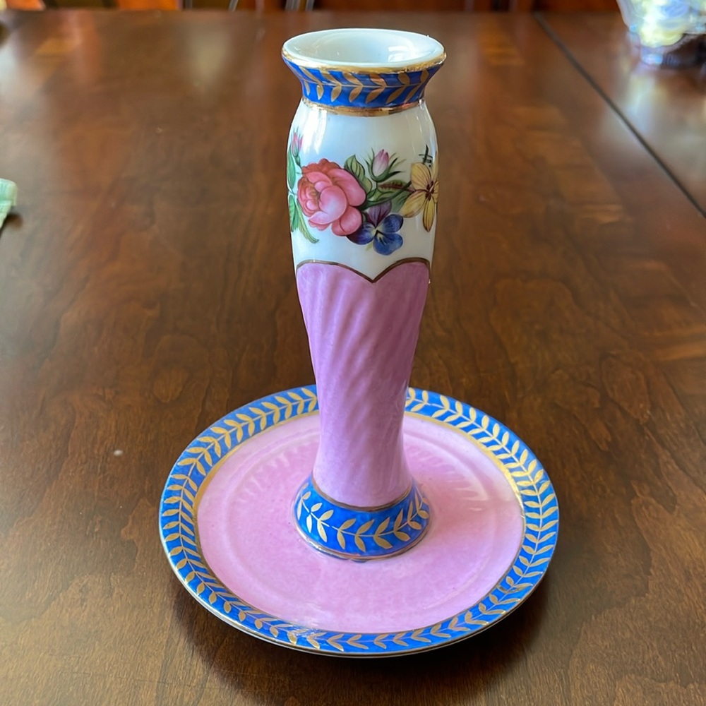 Imperial porcelain hand made candle stick holder vintage pink blue gold floral